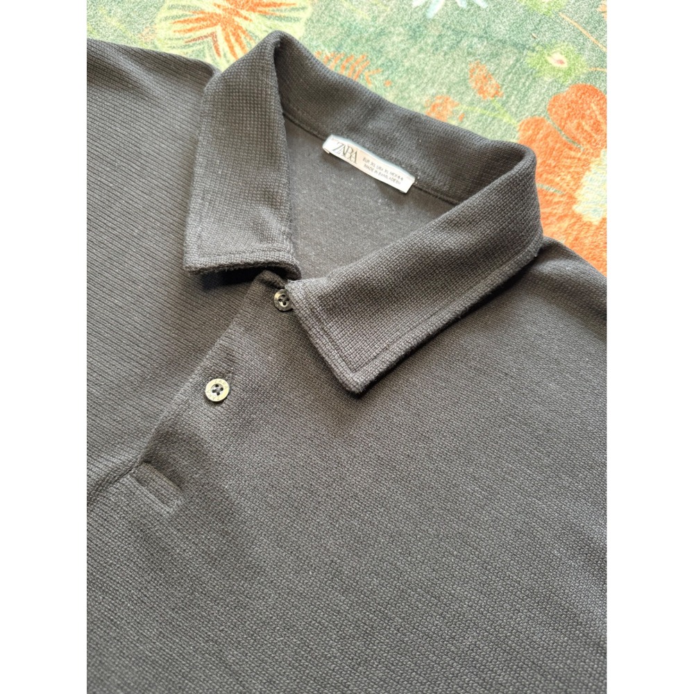 Zara Man Textured Knit Polo Shirt Short Sleeve Charcoal Gray XL
